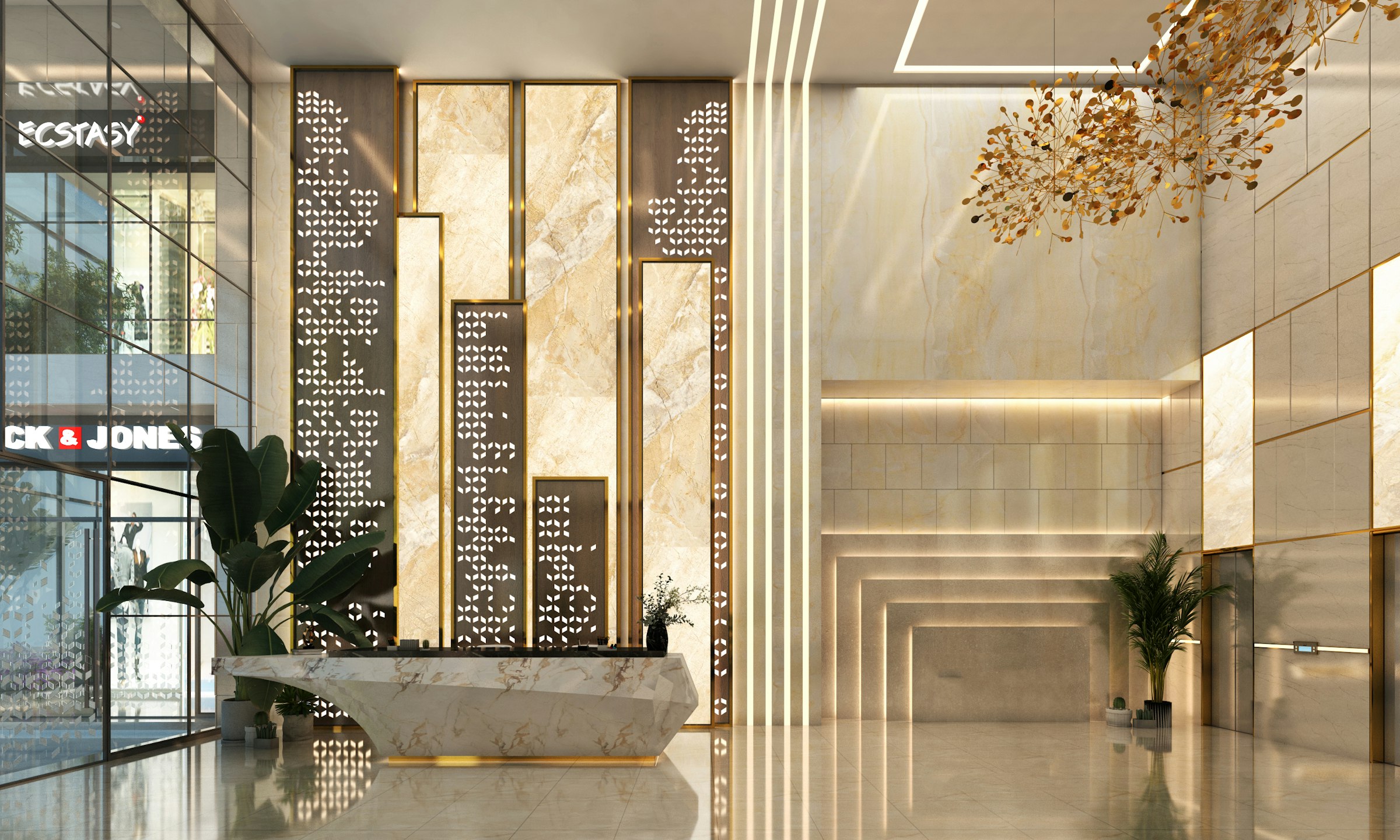 Modern lobby with architectural lighting