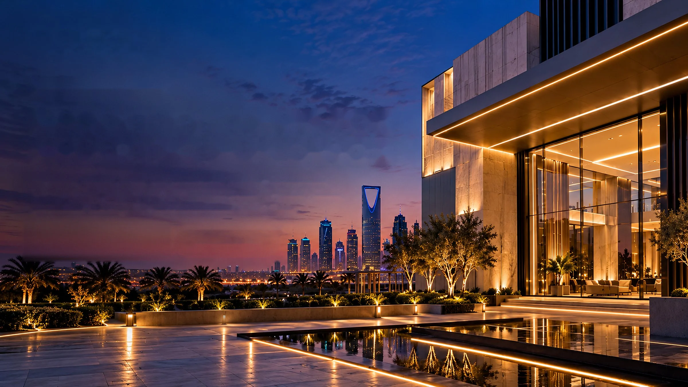 Smart building with architectural lighting and the Riyadh skyline at dusk