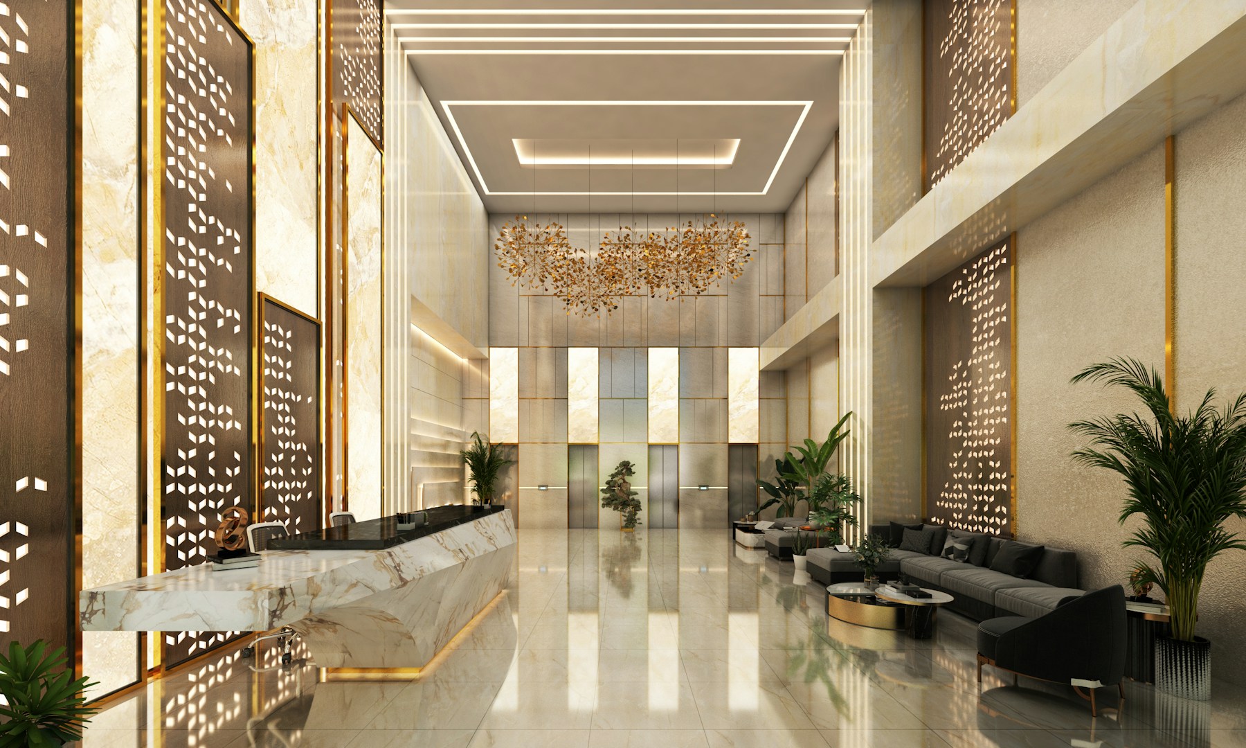 Hotel lobby with a marble reception desk