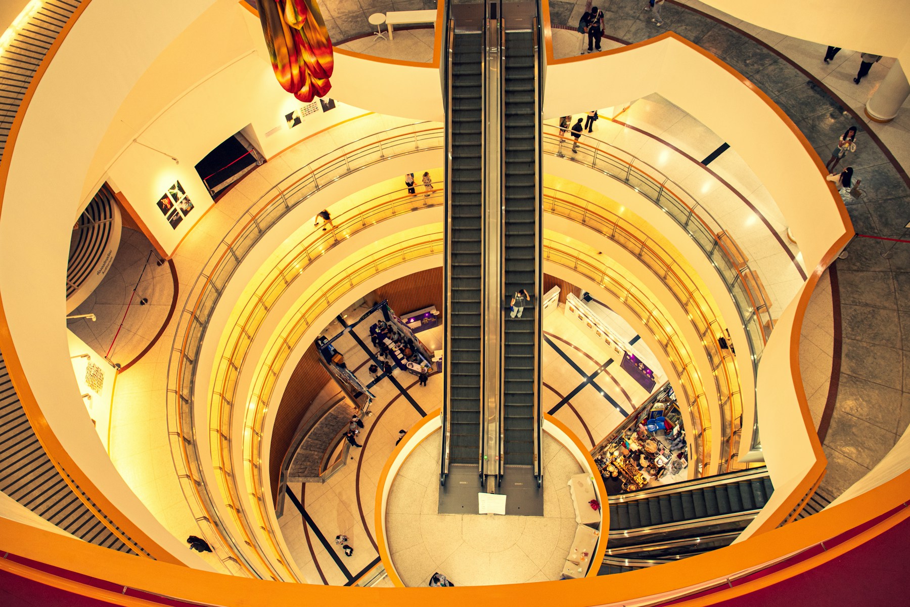 Shopping mall atrium with escalators
