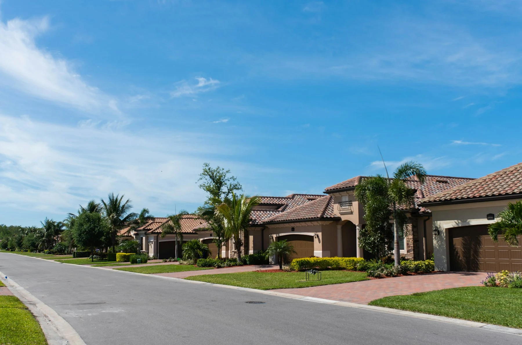 Residential street with villas and palm trees